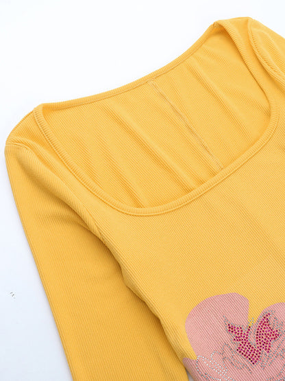 Floral Rhinestone Ribbed Dress For Women - Yellow Long Sleeve Square Neck Bodycon Mini Dress - Spring Casual Streetwear 2026