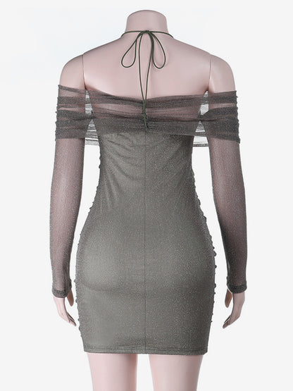 Glitted Ruched Bodycon Dress For Women - Halter Neck Off Shoulder Mesh Mini Dress - Spring Night Out Clubwear 2026