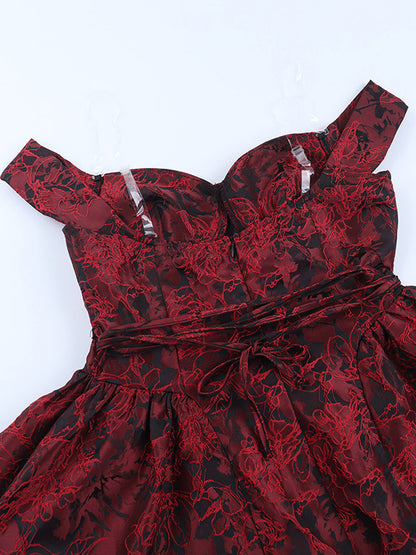 Floral Jacquard Off Shoulder Mini Dress For Women - Burgundy A Line Dress - Summer Prom Birthday Party 2026