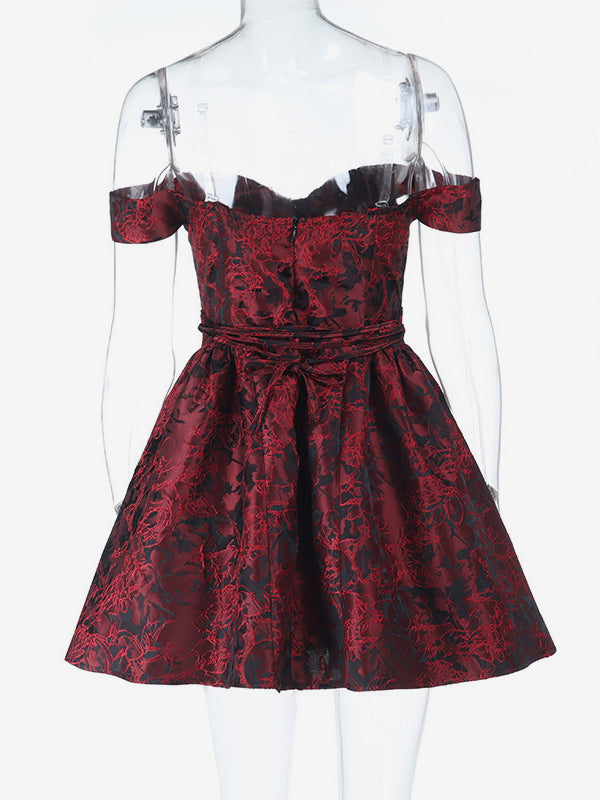 Floral Jacquard Off Shoulder Mini Dress For Women - Burgundy A Line Dress - Summer Prom Birthday Party 2026