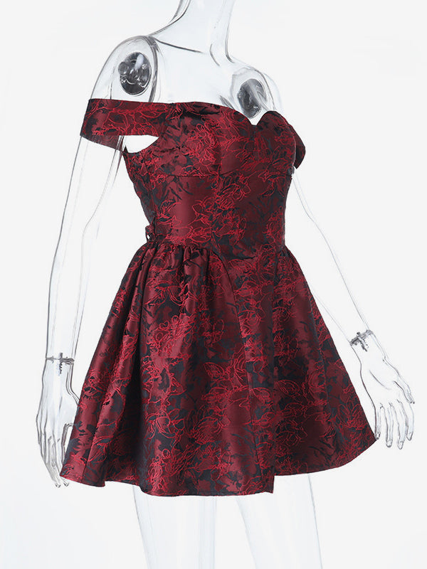 Floral Jacquard Off Shoulder Mini Dress For Women - Burgundy A Line Dress - Summer Prom Birthday Party 2026