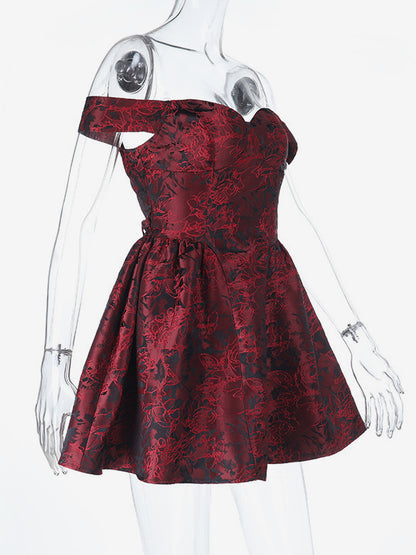 Floral Jacquard Off Shoulder Mini Dress For Women - Burgundy A Line Dress - Summer Prom Birthday Party 2026