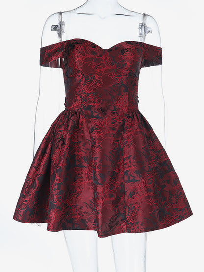 Floral Jacquard Off Shoulder Mini Dress For Women - Burgundy A Line Dress - Summer Prom Birthday Party 2026