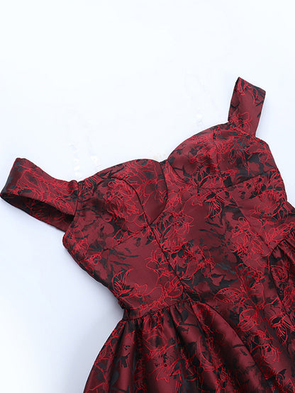 Floral Jacquard Off Shoulder Mini Dress For Women - Burgundy A Line Dress - Summer Prom Birthday Party 2026