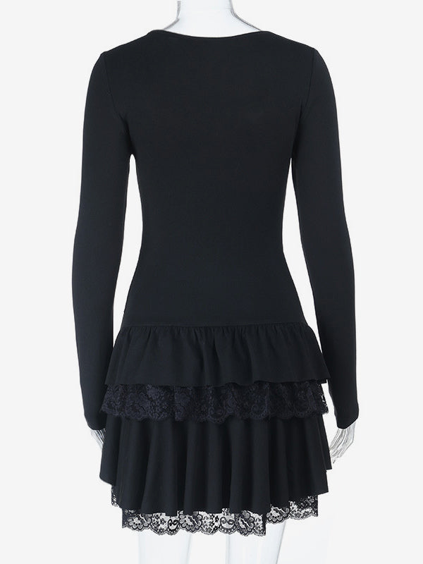 Lace Square Neck Mini Dress For Women - Black Gothic Ruffle Layered Long Sleeve Bodycon - Spring Night Out Clubwear 2026