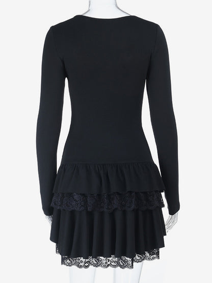 Lace Square Neck Mini Dress For Women - Black Gothic Ruffle Layered Long Sleeve Bodycon - Spring Night Out Clubwear 2026