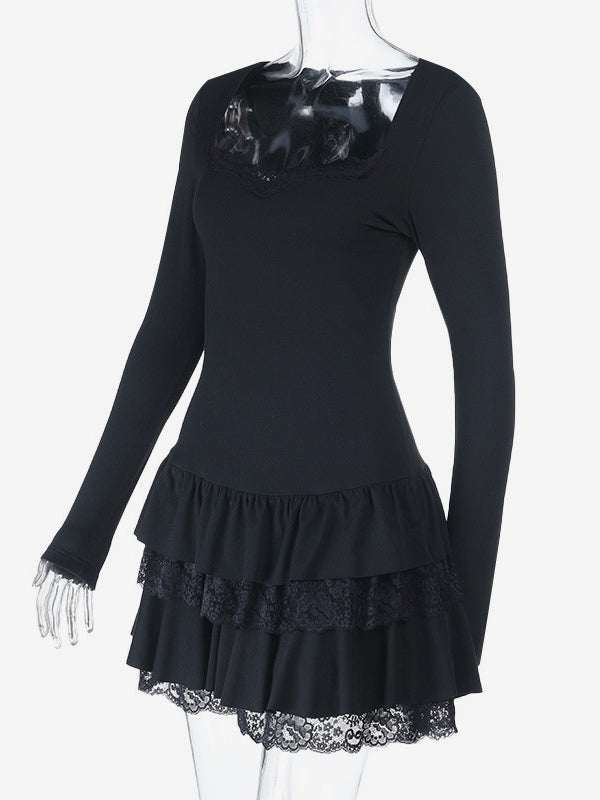 Lace Square Neck Mini Dress For Women - Black Gothic Ruffle Layered Long Sleeve Bodycon - Spring Night Out Clubwear 2026