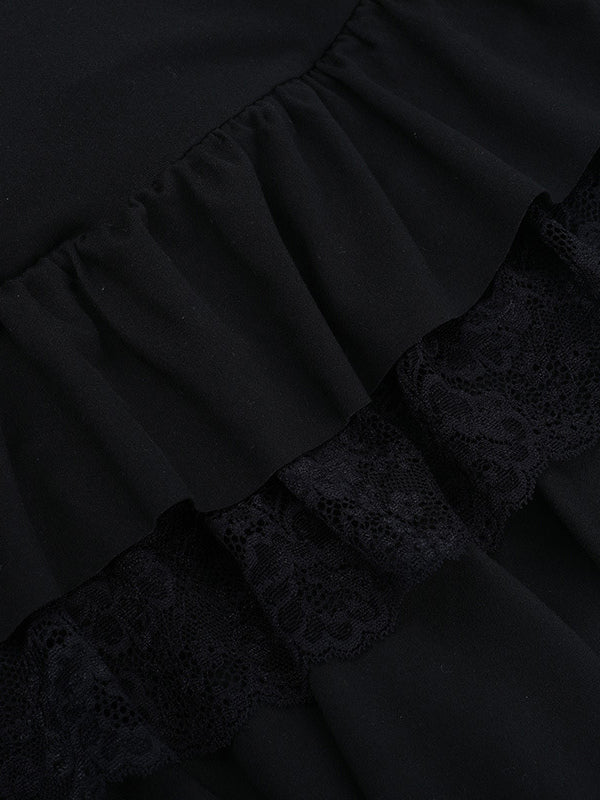 Lace Square Neck Mini Dress For Women - Black Gothic Ruffle Layered Long Sleeve Bodycon - Spring Night Out Clubwear 2026