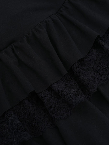 Lace Square Neck Mini Dress For Women - Black Gothic Ruffle Layered Long Sleeve Bodycon - Spring Night Out Clubwear 2026