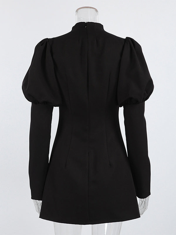 Puff Sleeve Mini Dress For Women Chic Retro Outfit - Black Elegant Stand Collar Slim Fit Bodycon - Spring Desk-to-dinner 2026