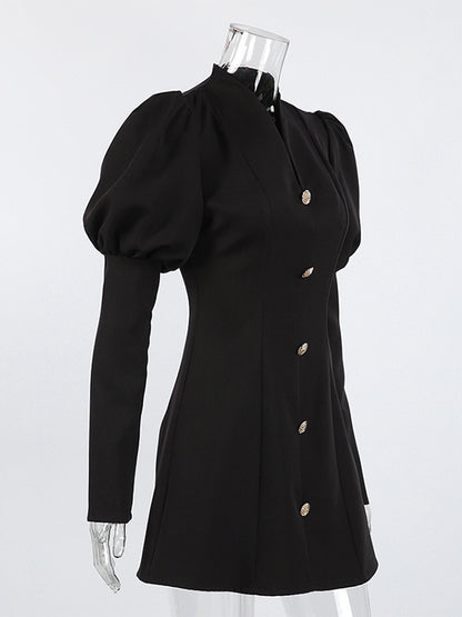 Puff Sleeve Mini Dress For Women Chic Retro Outfit - Black Elegant Stand Collar Slim Fit Bodycon - Spring Desk-to-dinner 2026