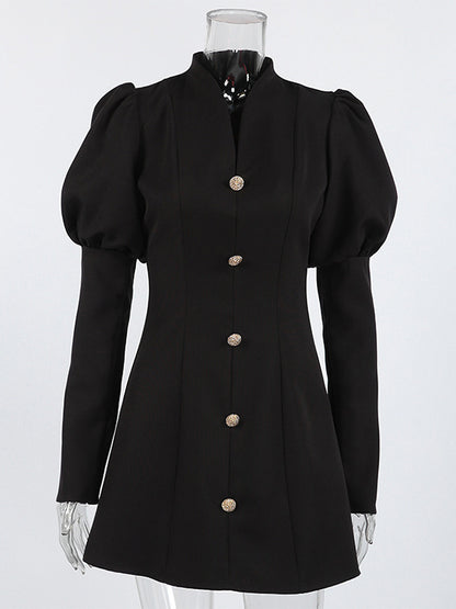 Puff Sleeve Mini Dress For Women Chic Retro Outfit - Black Elegant Stand Collar Slim Fit Bodycon - Spring Desk-to-dinner 2026