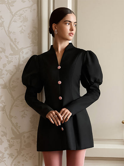 Puff Sleeve Mini Dress For Women Chic Retro Outfit - Black Elegant Stand Collar Slim Fit Bodycon - Spring Desk-to-dinner 2026