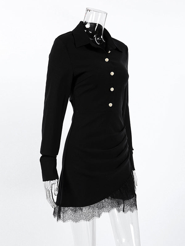 Ruched Shirt Dress Women's Chic Mini Dress - Black Lace Hem Long Sleeve Bodycon - Spring Desk-to-dinner 2026