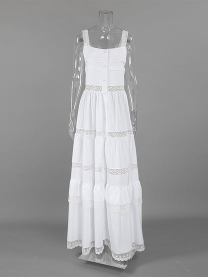 Boho Tiered Maxi Dress For Women - White Lace Patchwork Square Neck Chic Sundress - Summer Beach Vacation 2026