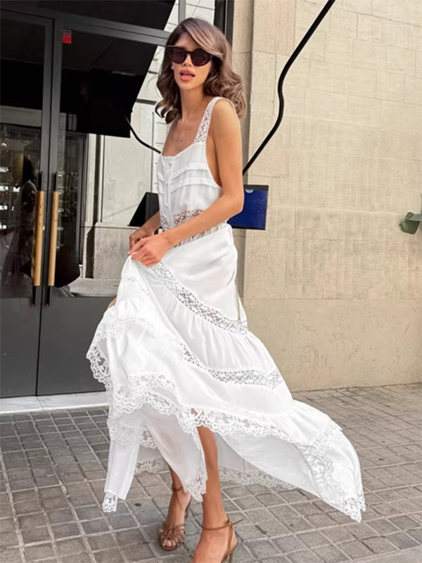 Boho Tiered Maxi Dress For Women - White Lace Patchwork Square Neck Chic Sundress - Summer Beach Vacation 2026