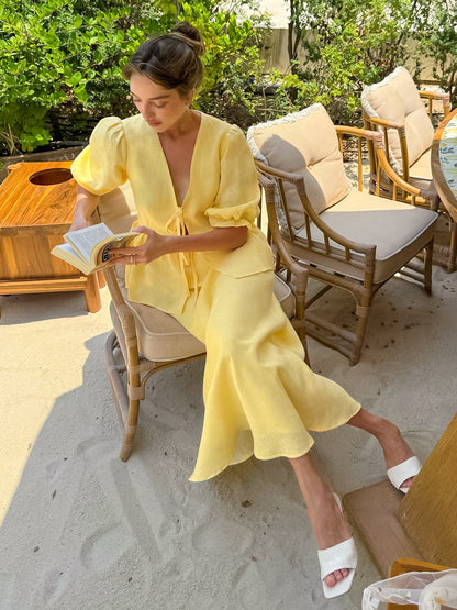 Peplum Top Maxi Skirt Set Women Elegant Two Piece Outfit - Yellow French Tie Front Puff Sleeve - Summer Beach Vacation 2026