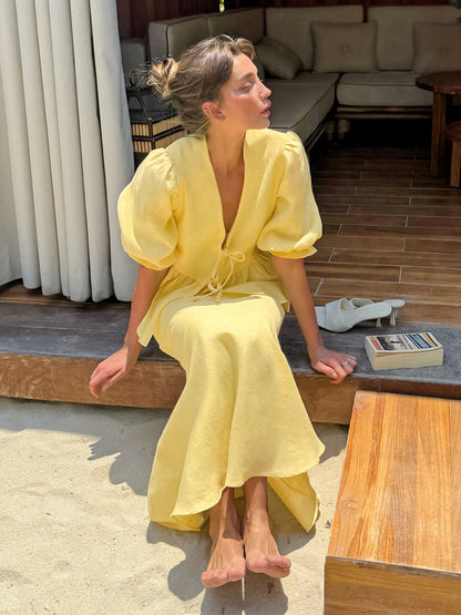 Peplum Top Maxi Skirt Set Women Elegant Two Piece Outfit - Yellow French Tie Front Puff Sleeve - Summer Beach Vacation 2026