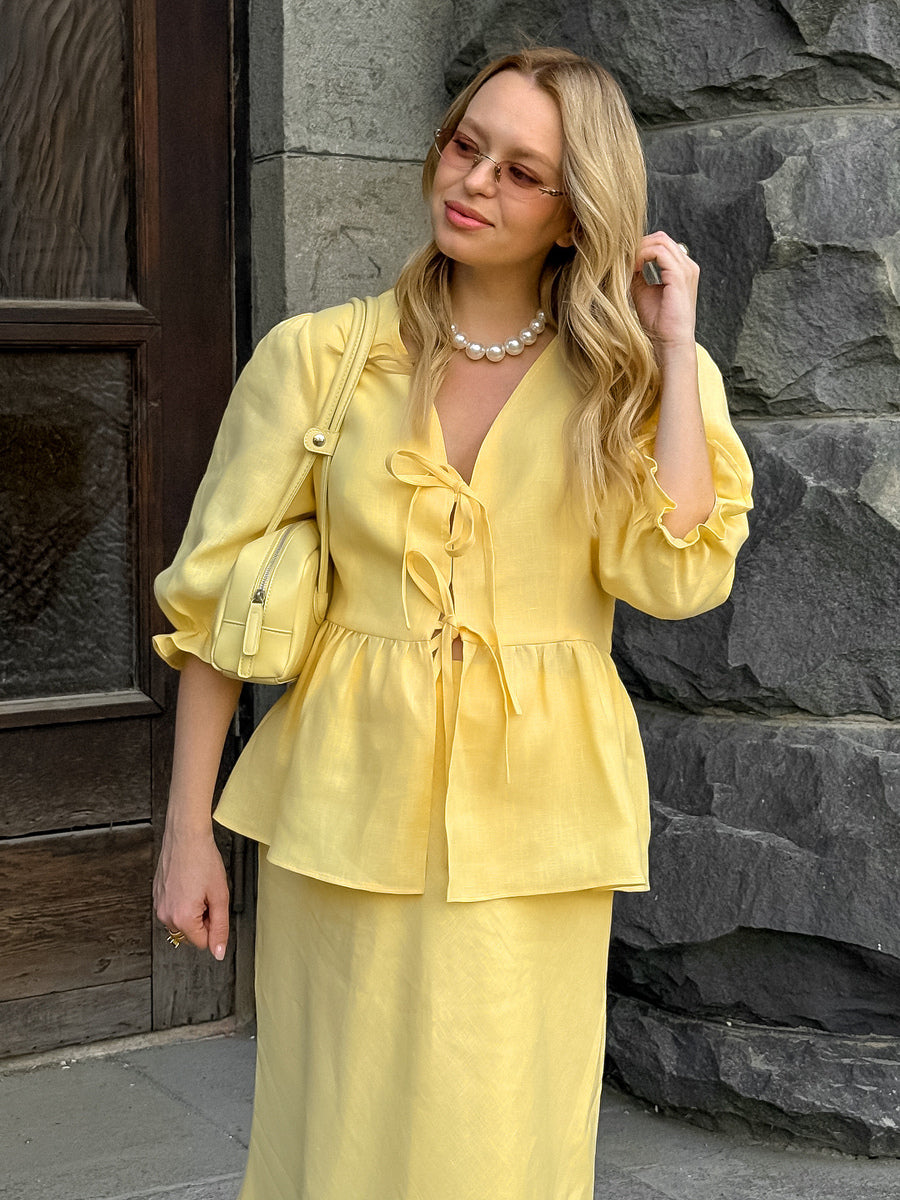 Peplum Top Maxi Skirt Set Women Elegant Two Piece Outfit - Yellow French Tie Front Puff Sleeve - Summer Beach Vacation 2026