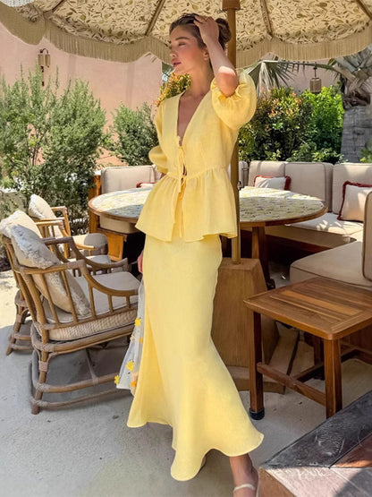 Peplum Top Maxi Skirt Set Women Elegant Two Piece Outfit - Yellow French Tie Front Puff Sleeve - Summer Beach Vacation 2026