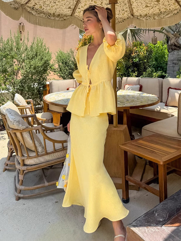 Peplum Top Maxi Skirt Set Women Elegant Two Piece Outfit - Yellow French Tie Front Puff Sleeve - Summer Beach Vacation 2026