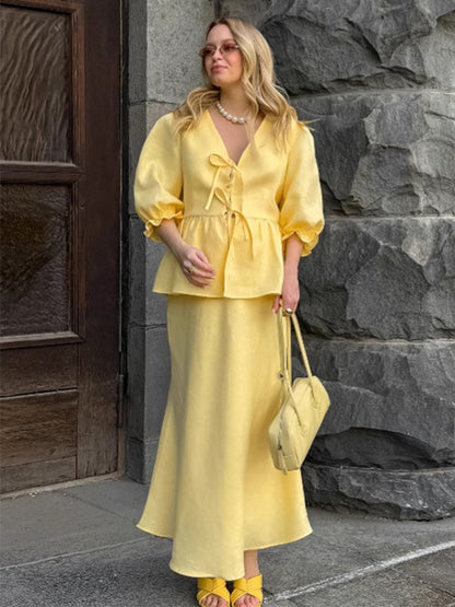 Peplum Top Maxi Skirt Set Women Elegant Two Piece Outfit - Yellow French Tie Front Puff Sleeve - Summer Beach Vacation 2026