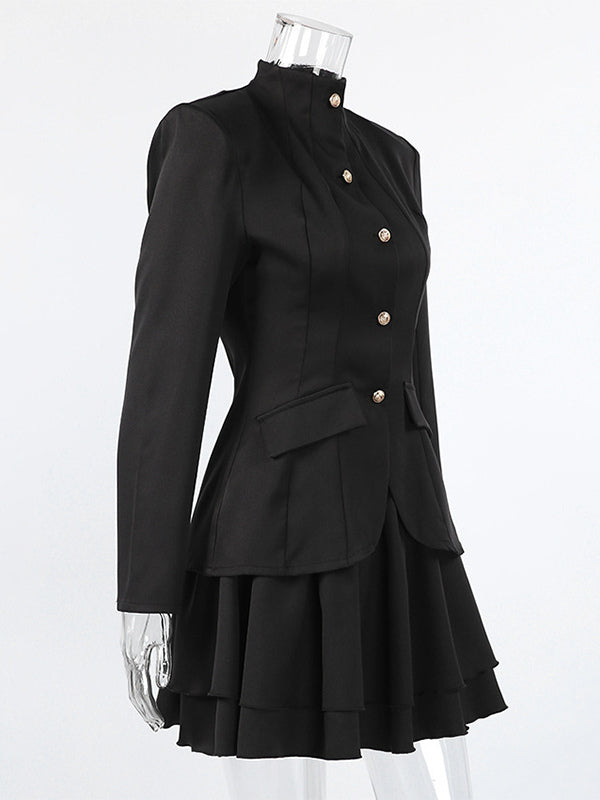 Military Blazer Skirt Set For Women Chic Two Piece Outfit - Black Vintage Stand Collar Slim Fit - Spring Party Wear 2026