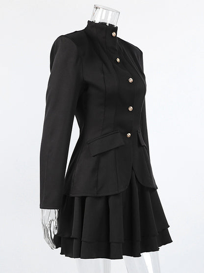 Military Blazer Skirt Set For Women Chic Two Piece Outfit - Black Vintage Stand Collar Slim Fit - Spring Party Wear 2026