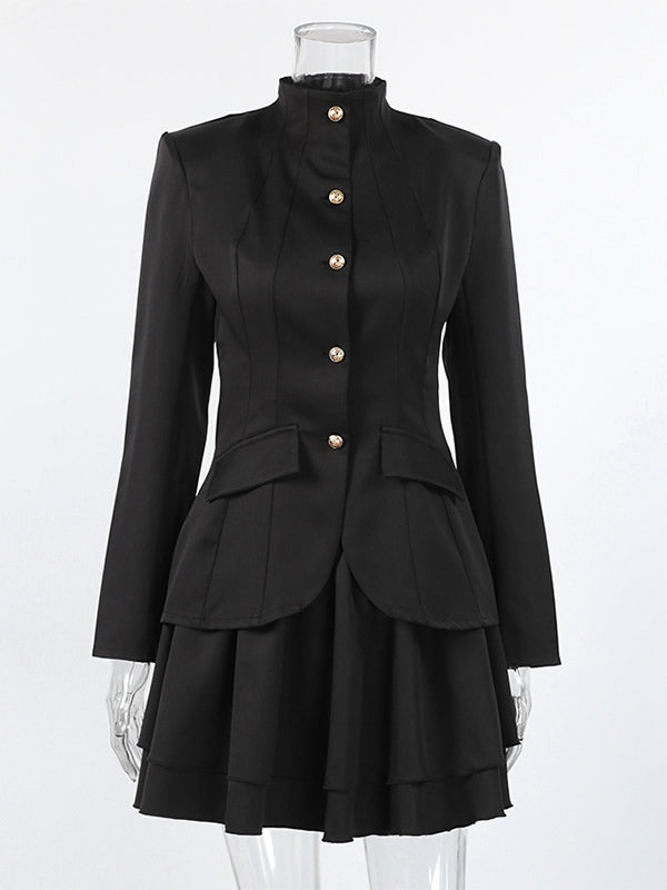 Military Blazer Skirt Set For Women Chic Two Piece Outfit - Black Vintage Stand Collar Slim Fit - Spring Party Wear 2026