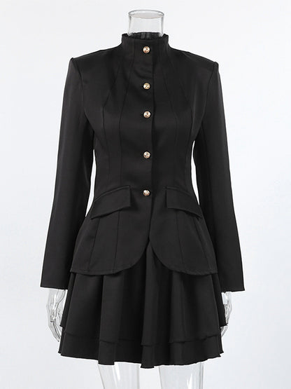 Military Blazer Skirt Set For Women Chic Two Piece Outfit - Black Vintage Stand Collar Slim Fit - Spring Party Wear 2026
