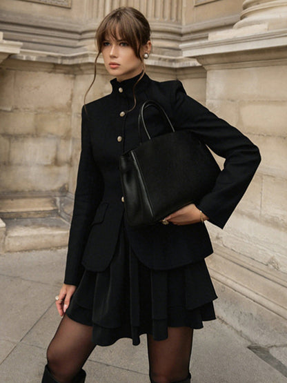 Military Blazer Skirt Set For Women Chic Two Piece Outfit - Black Vintage Stand Collar Slim Fit - Spring Party Wear 2026