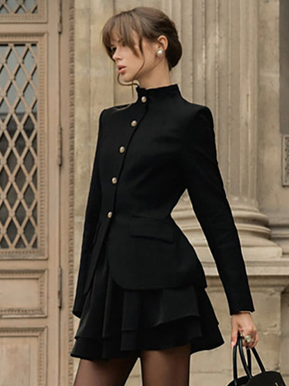 Military Blazer Skirt Set For Women Chic Two Piece Outfit - Black Vintage Stand Collar Slim Fit - Spring Party Wear 2026
