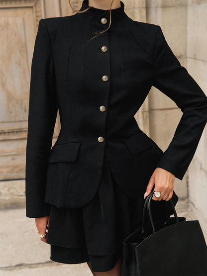 Military Blazer Skirt Set For Women Chic Two Piece Outfit - Black Vintage Stand Collar Slim Fit - Spring Party Wear 2026
