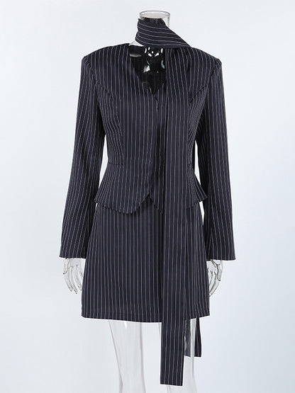 Pinstripe Blazer Dress Set Women's Skirt Suit - Navy Blue Chic Scarf Neck Slim Fit - 2026 Spring Business Party