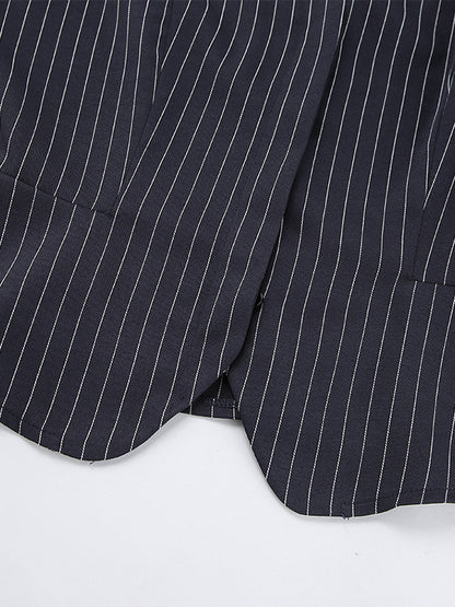 Pinstripe Blazer Dress Set Women's Skirt Suit - Navy Blue Chic Scarf Neck Slim Fit - 2026 Spring Business Party