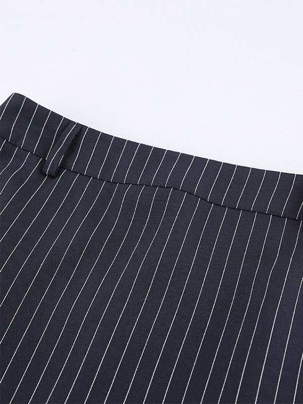 Pinstripe Blazer Dress Set Women's Skirt Suit - Navy Blue Chic Scarf Neck Slim Fit - 2026 Spring Business Party