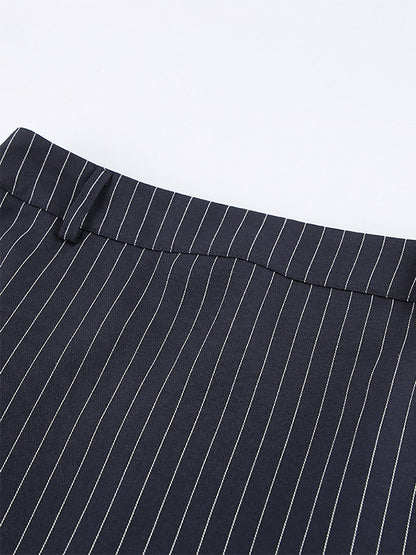 Pinstripe Blazer Dress Set Women's Skirt Suit - Navy Blue Chic Scarf Neck Slim Fit - 2026 Spring Business Party