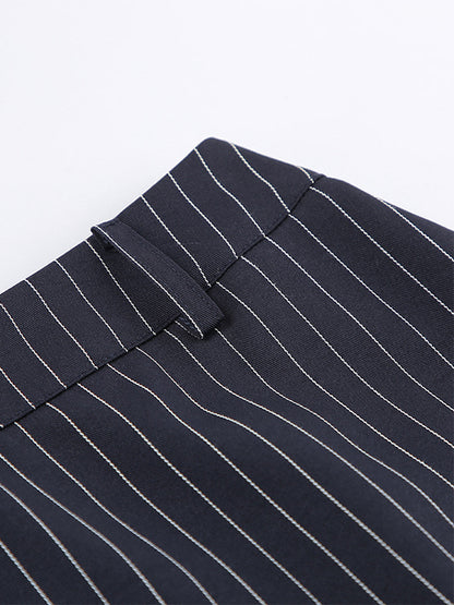 Pinstripe Blazer Dress Set Women's Skirt Suit - Navy Blue Chic Scarf Neck Slim Fit - 2026 Spring Business Party