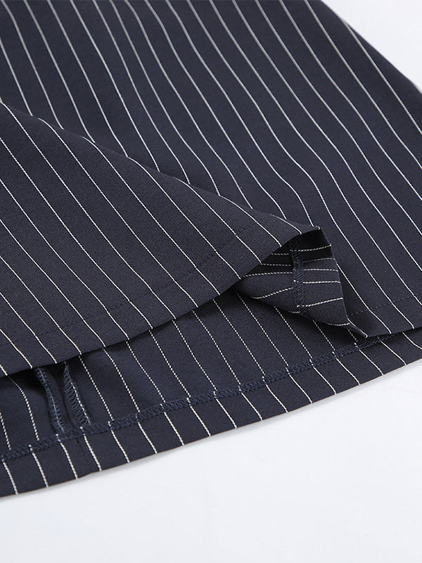 Pinstripe Blazer Dress Set Women's Skirt Suit - Navy Blue Chic Scarf Neck Slim Fit - 2026 Spring Business Party