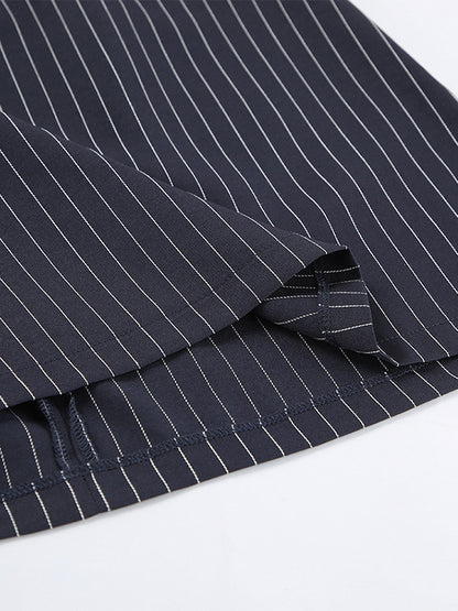 Pinstripe Blazer Dress Set Women's Skirt Suit - Navy Blue Chic Scarf Neck Slim Fit - 2026 Spring Business Party