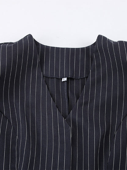 Pinstripe Blazer Dress Set Women's Skirt Suit - Navy Blue Chic Scarf Neck Slim Fit - 2026 Spring Business Party