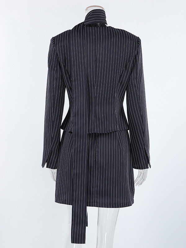 Pinstripe Blazer Dress Set Women's Skirt Suit - Navy Blue Chic Scarf Neck Slim Fit - 2026 Spring Business Party