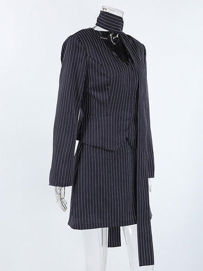 Pinstripe Blazer Dress Set Women's Skirt Suit - Navy Blue Chic Scarf Neck Slim Fit - 2026 Spring Business Party
