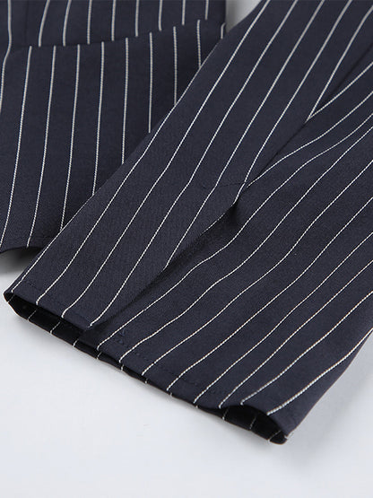 Pinstripe Blazer Dress Set Women's Skirt Suit - Navy Blue Chic Scarf Neck Slim Fit - 2026 Spring Business Party