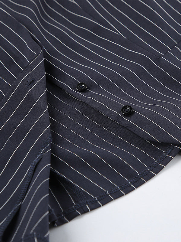 Pinstripe Blazer Dress Set Women's Skirt Suit - Navy Blue Chic Scarf Neck Slim Fit - 2026 Spring Business Party