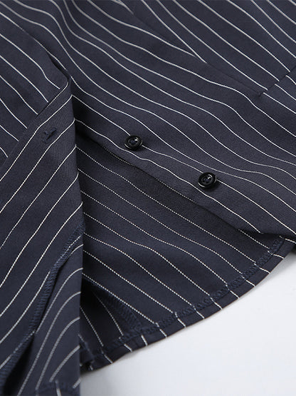 Pinstripe Blazer Dress Set Women's Skirt Suit - Navy Blue Chic Scarf Neck Slim Fit - 2026 Spring Business Party