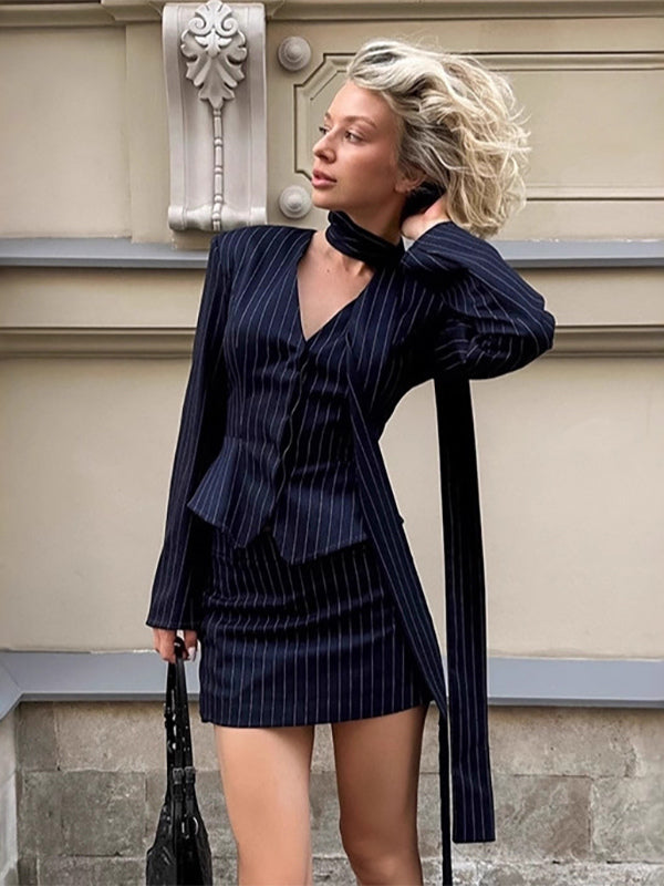 Pinstripe Blazer Dress Set Women's Skirt Suit - Navy Blue Chic Scarf Neck Slim Fit - 2026 Spring Business Party