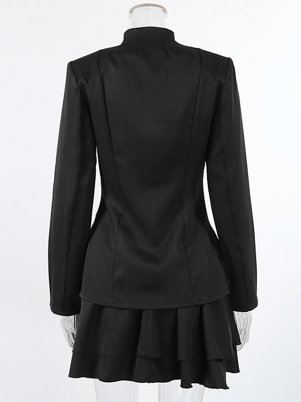 Military Blazer Skirt Set For Women Chic Two Piece Outfit - Black Vintage Stand Collar Slim Fit - Spring Party Wear 2026
