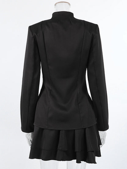 Military Blazer Skirt Set For Women Chic Two Piece Outfit - Black Vintage Stand Collar Slim Fit - Spring Party Wear 2026