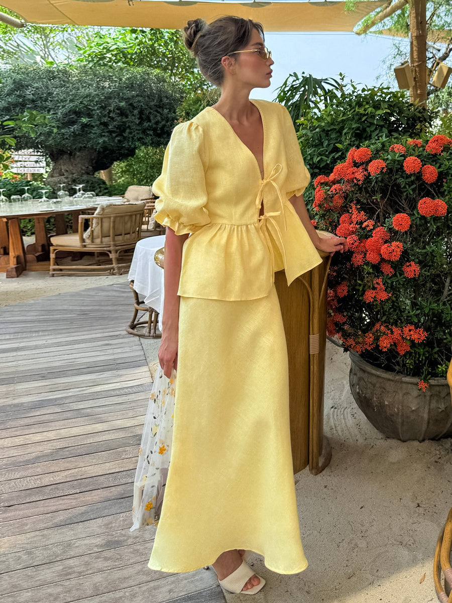 Peplum Top Maxi Skirt Set Women Elegant Two Piece Outfit - Yellow French Tie Front Puff Sleeve - Summer Beach Vacation 2026